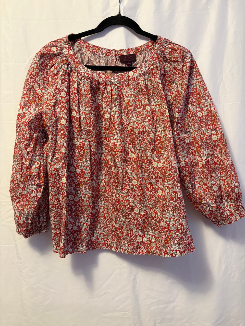 J. Crew Liberty Fabric Peasant Blouse Red White Floral 3/4 Puff Sleeve Sz L